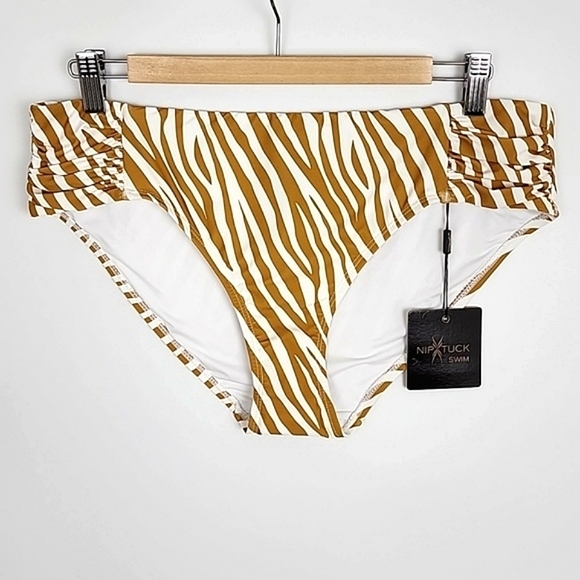 Niptuck Swim Natural Tan Zebra Print Bikini Bottom Gathered Hip Detail Sz 12 - Picture 3 of 14
